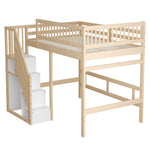 Solid Wood Bed, 140x200 with Storage Stairs & High Railing, Wood Color