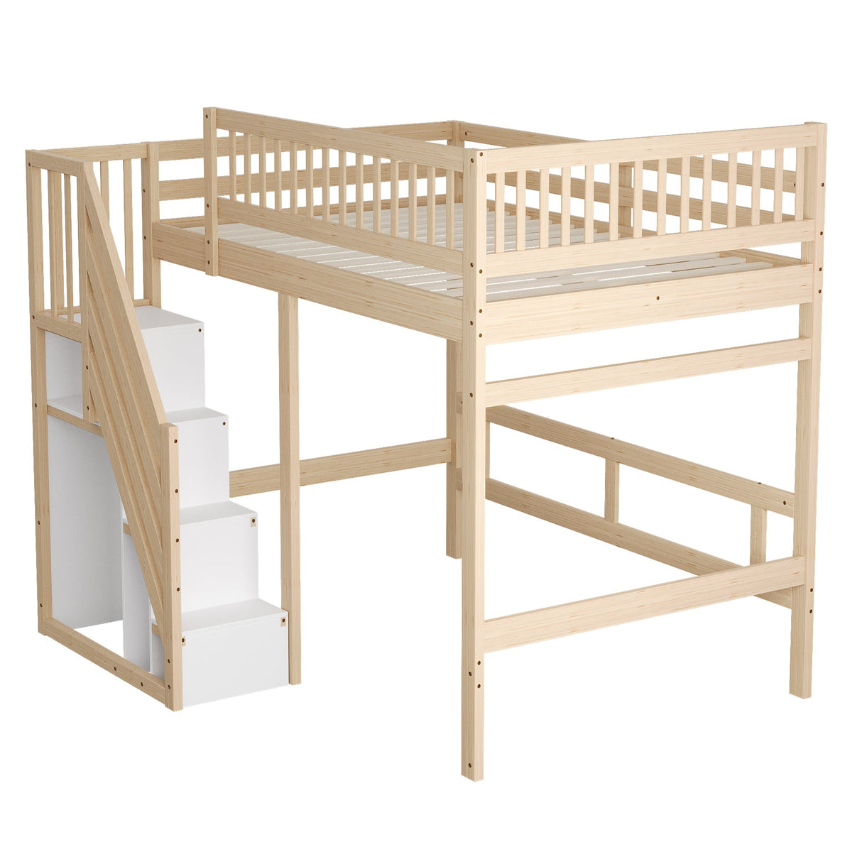 Solid Wood Bed, 140x200 with Storage Stairs & High Railing, Wood Color