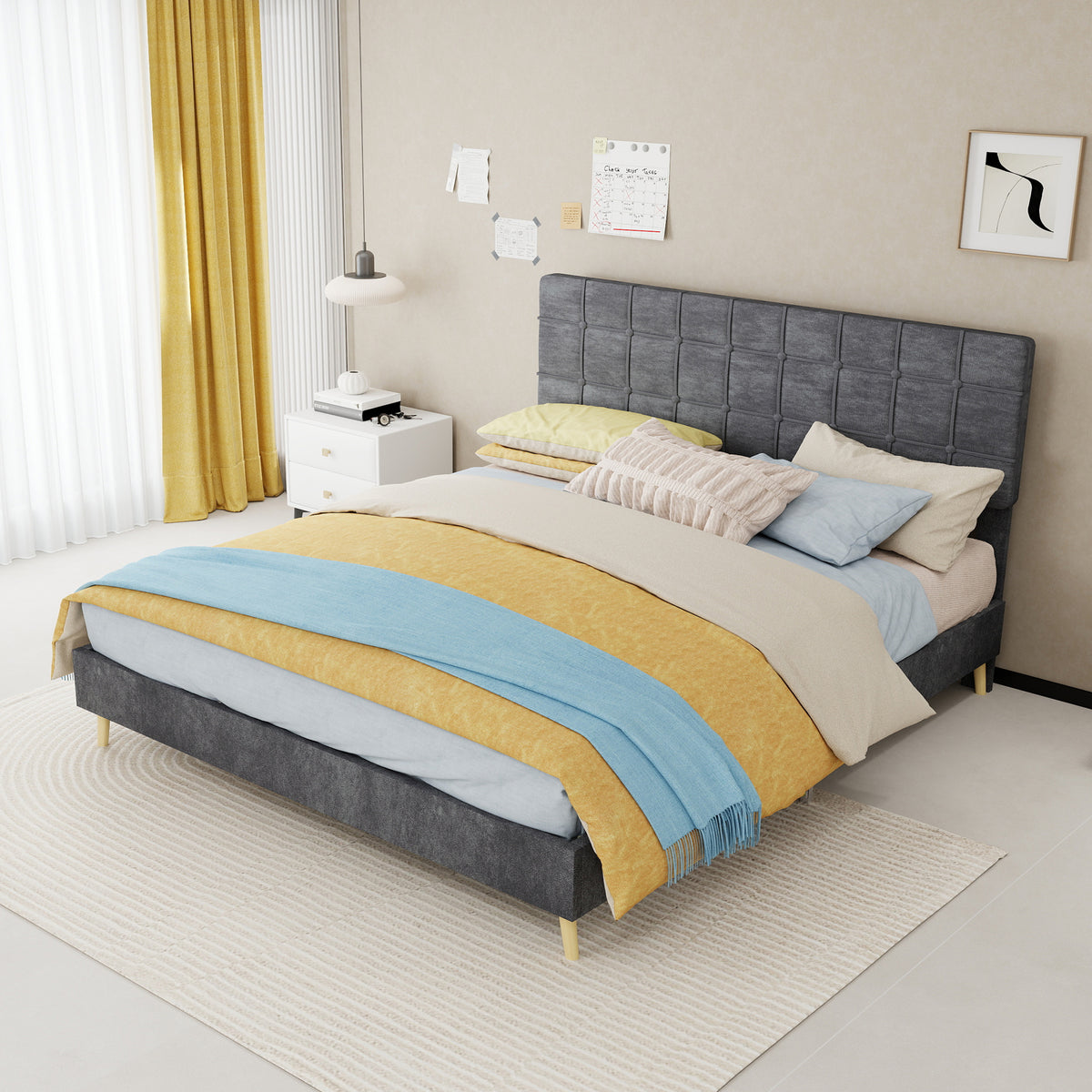 Modern Double Bed with Plaid Headboard 160x200cm, Dark Gray Fabric