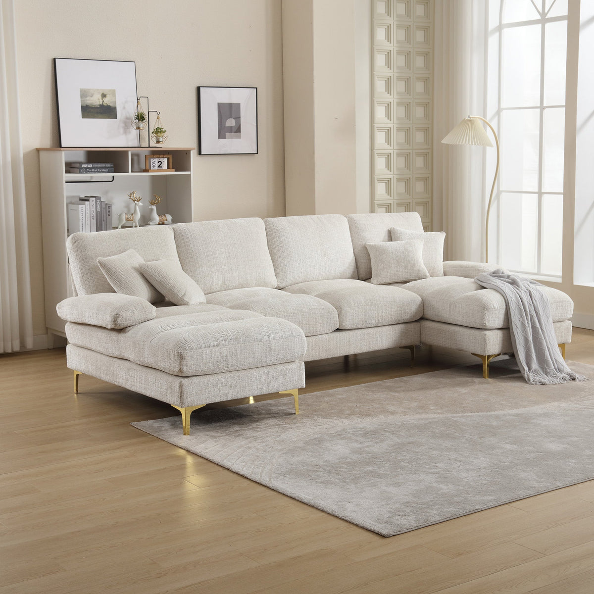 Modern Large Chenille U-Shape Sectional Sofa, Double Reclining Seats, for Living Room, Bedroom, Office, Apartment, Villa, Home, by the Fireplace