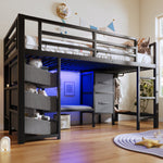 Mid-Height Bed with LED Lighting and Fabric Storage, 90x200 cm, Black Metal