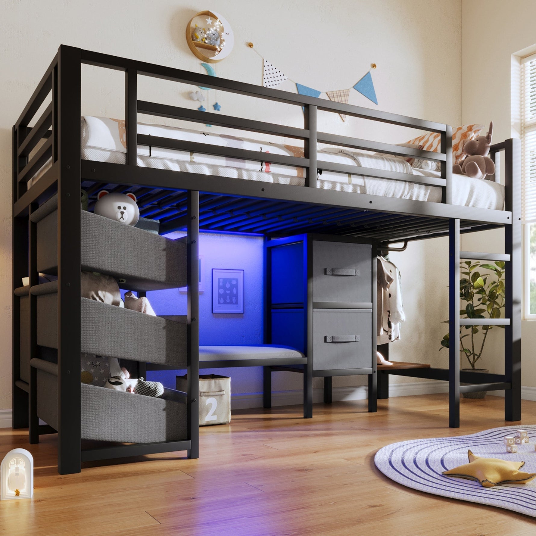 Mid-Height Bed with LED Lighting and Fabric Storage, 90x200 cm, Black Metal