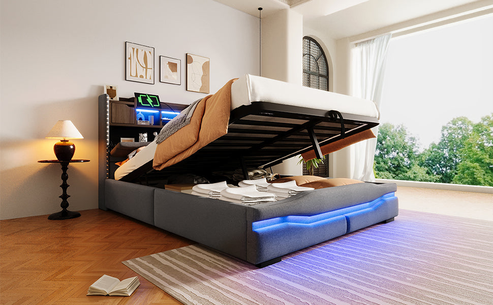 Upholstered Bed with USB-C Charging, LED Ambient Lighting and Hydraulic Storage, Grey