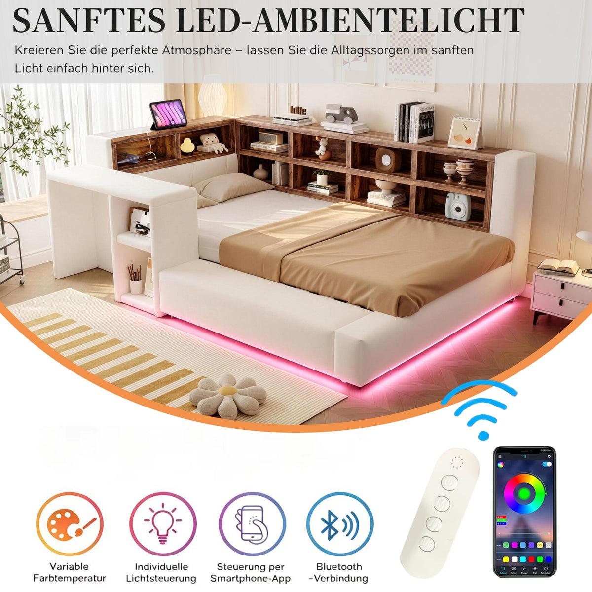 Upholstered Bed 90x200cm with Storage & LED Light, Beige