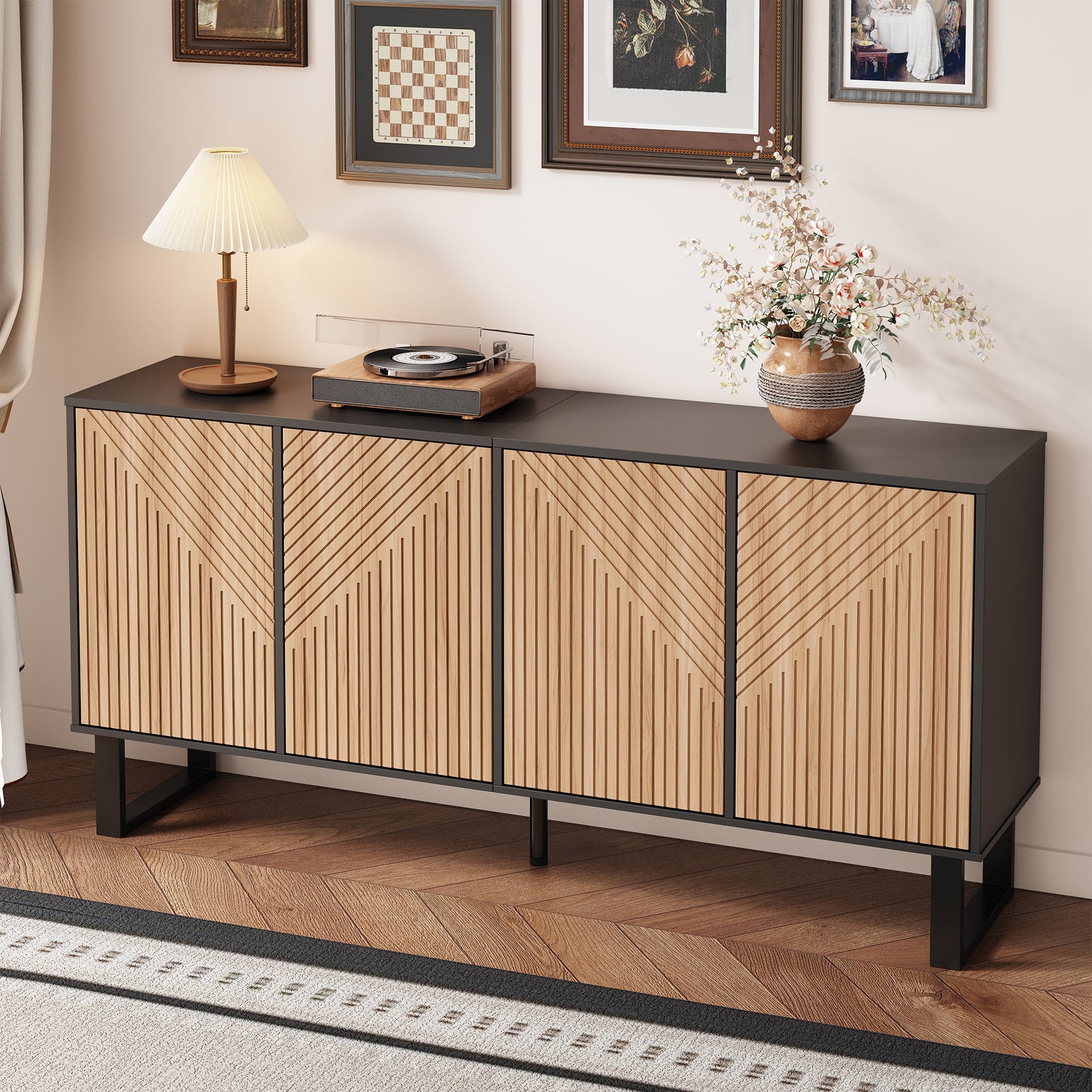 Sideboard, Minimalist with 3D Striped Front and Extra Large Storage, Black Wood Grain