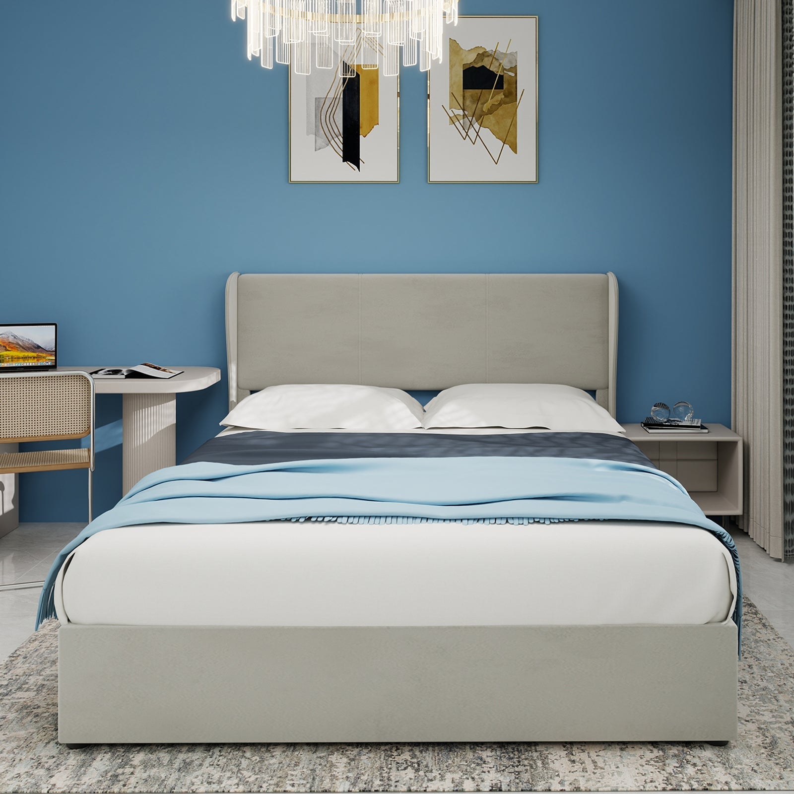 Modern Minimalist Upholstered Bed, Multi-Functional with Gas Lift, Beige