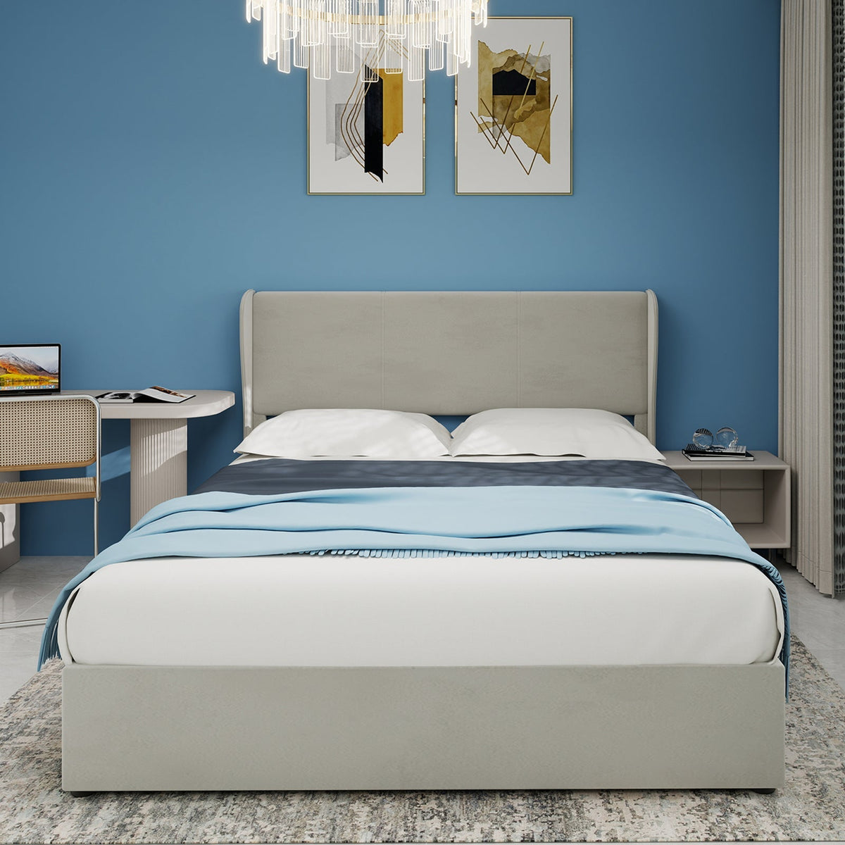 Modern Minimalist Upholstered Bed, Multi-Functional with Gas Lift, Beige