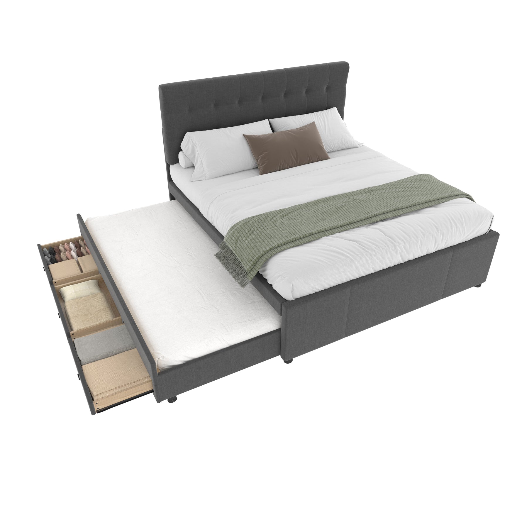 Upholstered Double Bed with 3 Drawers and Extendable Bed, 140x200cm, Grey