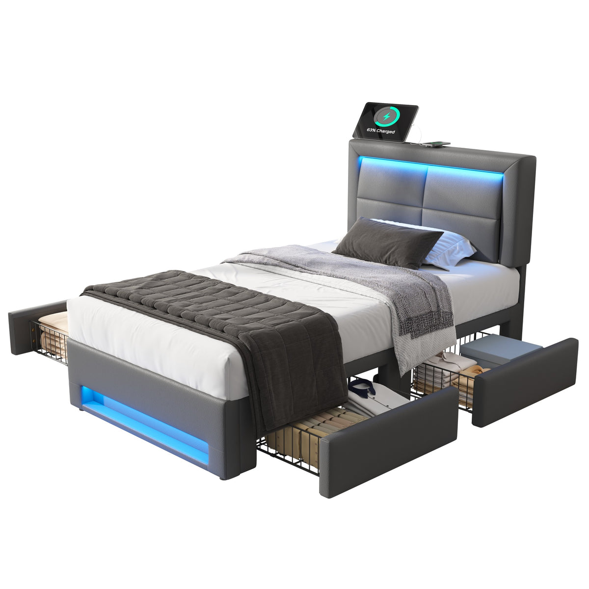 Upholstered Bed 90x190 cm with LED, USB & 4 Drawers, Grey PU