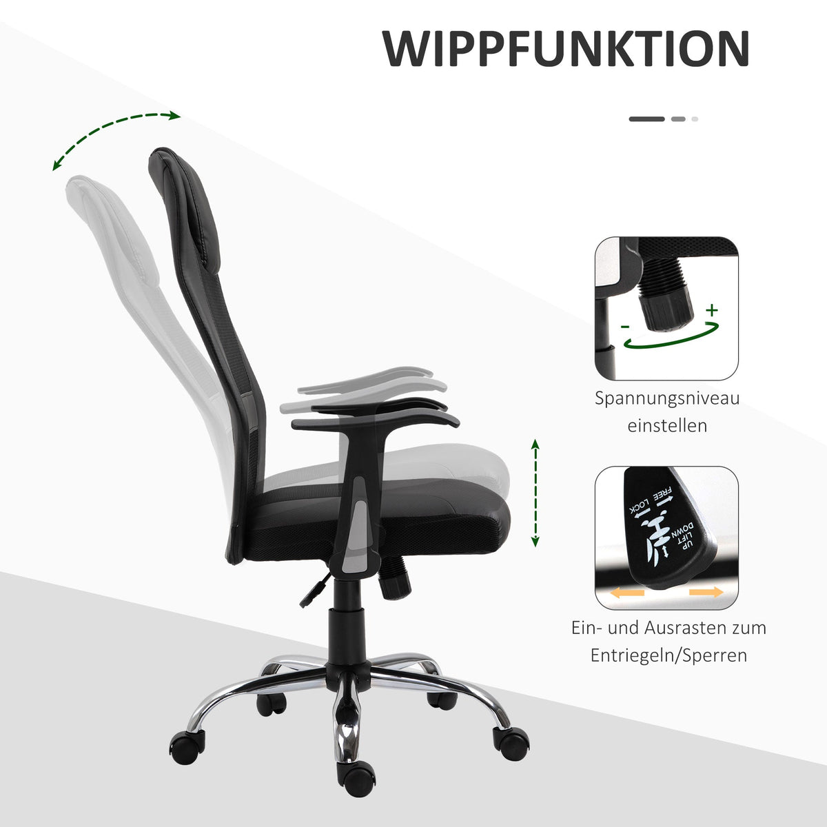 Ergonomic Office Chair, Height Adjustable Rocking Armrests 120 kg, Black