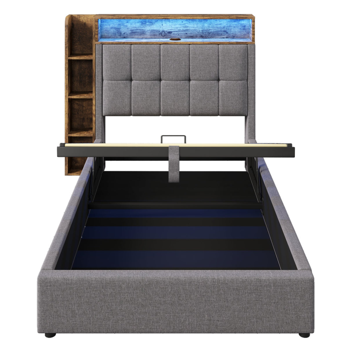 Upholstered Bed 90x200cm Storage LED USB/Type-C App Control - Linen Grey