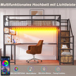 Metal Loft Bed with Storage Ladder, Wardrobe, Table, Shelf and LED, 140x200cm, Black Metal