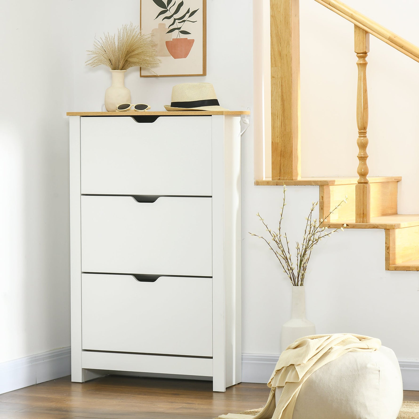 Shoe Cabinet Rack 3 Flaps 18 Pairs, Space-Saving, White Natural