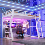Loft Bed 140x200cm with Desk & Shelves, Light Strip, White Iron