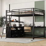Loft Bed 140x200cm Iron Frame Drawers L-Shaped Desk - Black