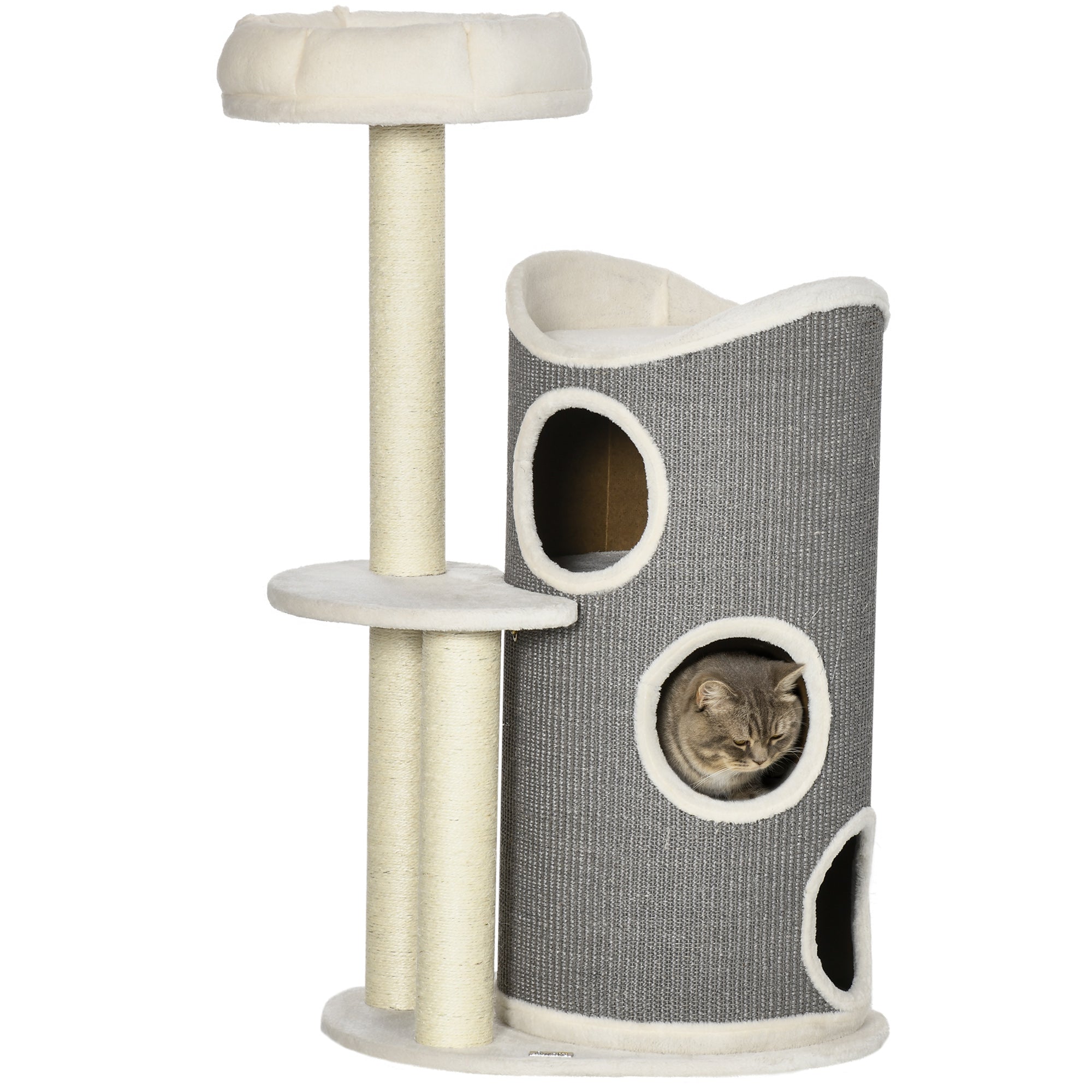 Cat Tree 109cm, Scratching Barrel & Bed, Sisal, White Grey