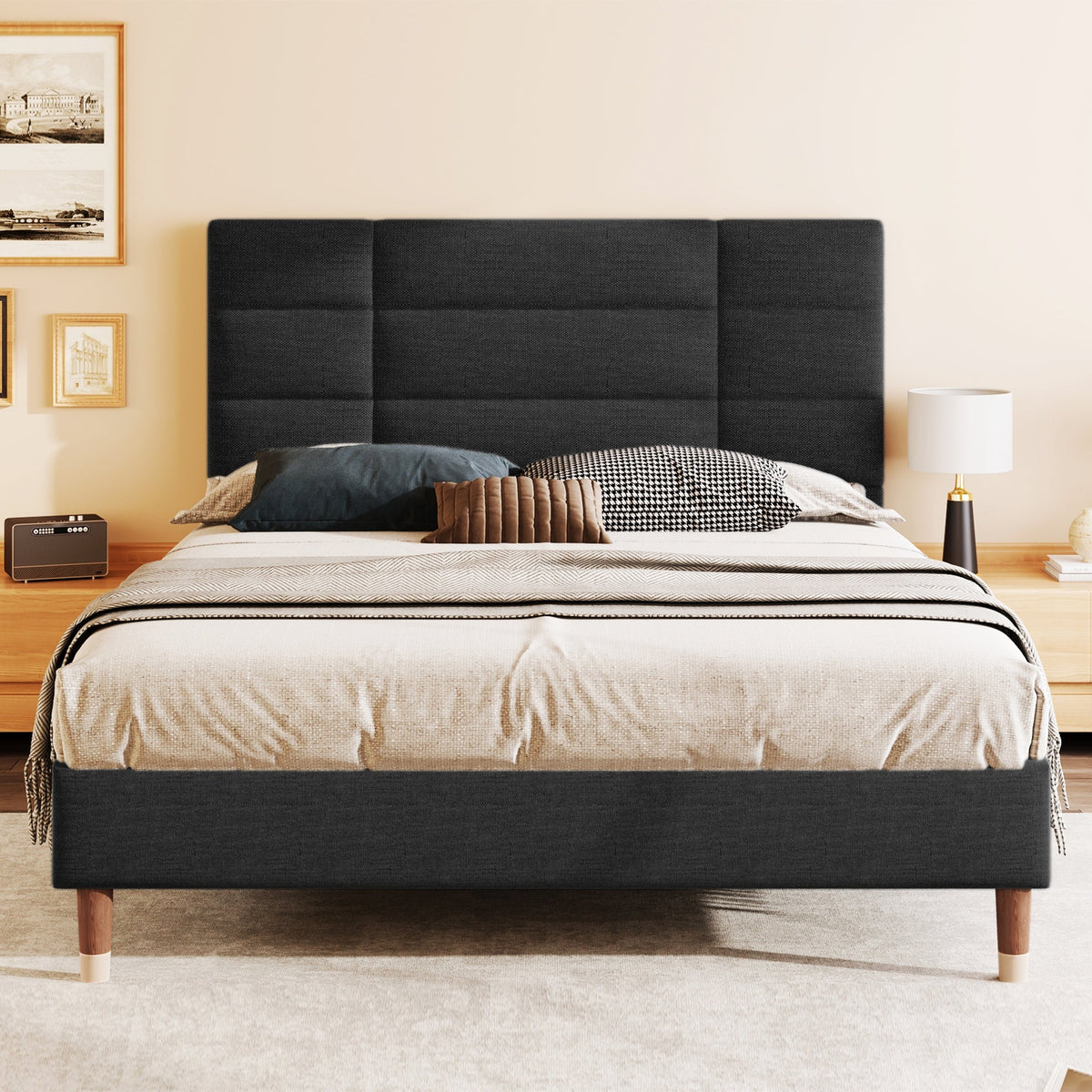 Upholstered bed, double with slatted frame 140x200cm, black linen