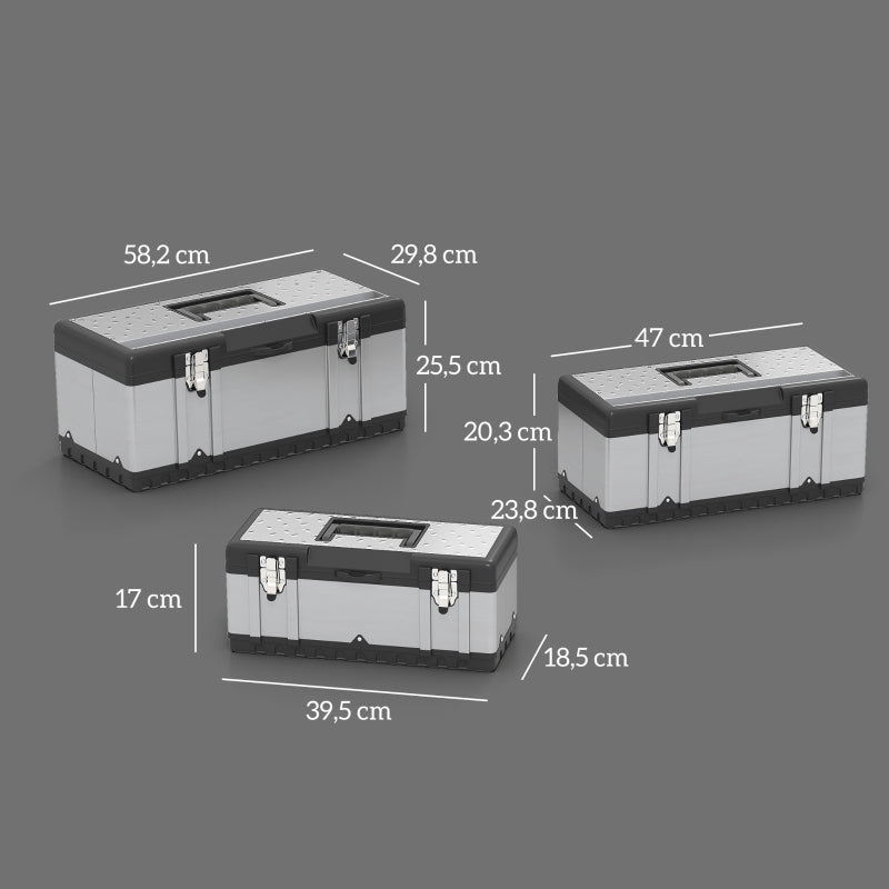Tool Case, 3 Empty Tool Boxes with Removable Tray, Stainless Steel, Black + Silver