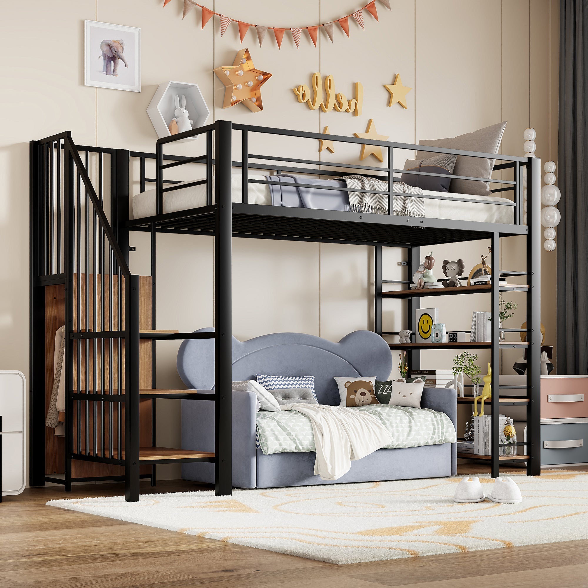 Loft Bed, 90x200 with Safety Stairs & Storage Wardrobe, Black