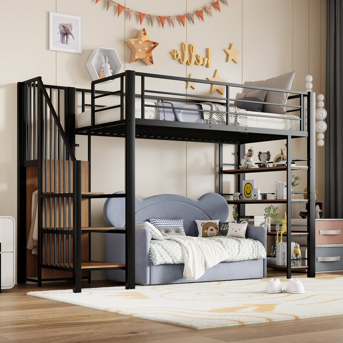 Loft Bed, 90x200 with Safety Stairs & Storage Wardrobe, Black