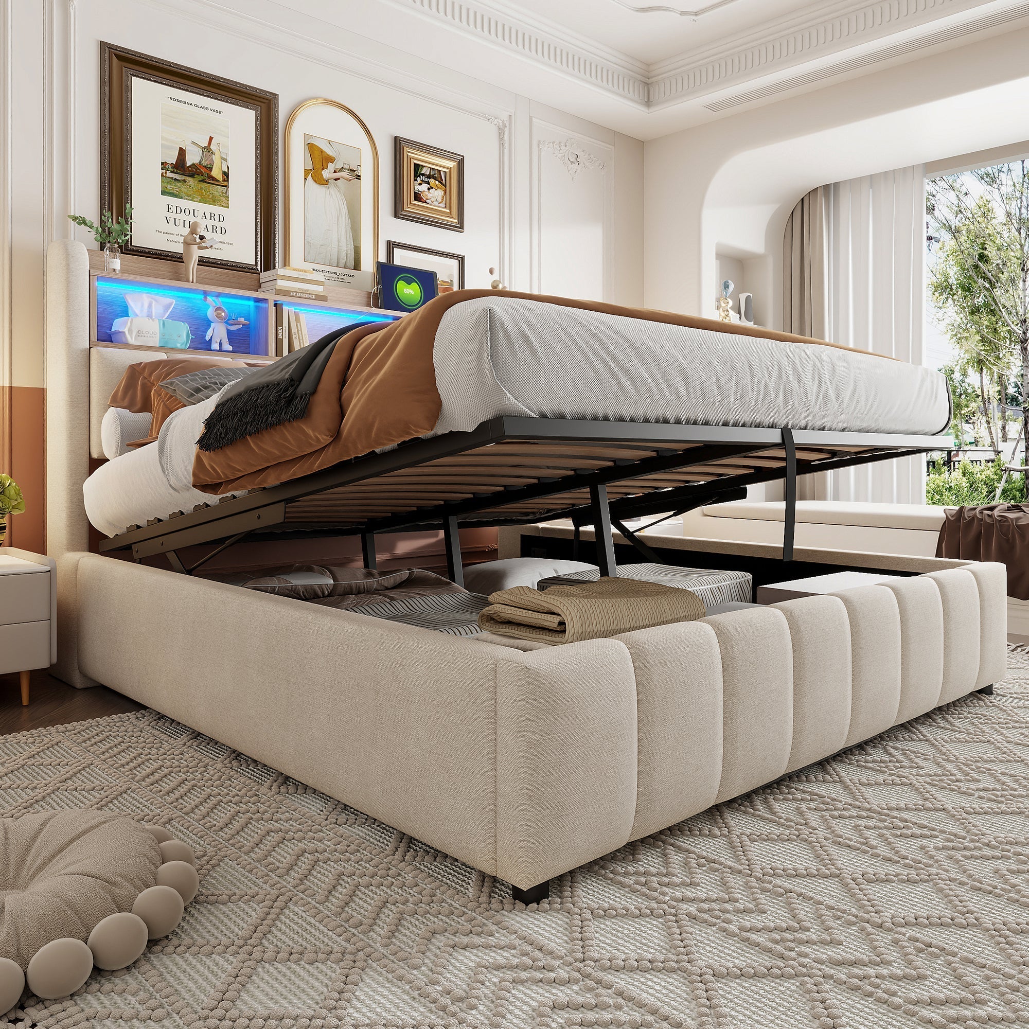 Upholstered Bed 180x200cm LED/USB, Hydraulic Storage Headboard, Beige Linen Fabric