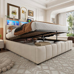 Upholstered Bed 180x200cm LED/USB, Hydraulic Storage Headboard, Beige Linen Fabric