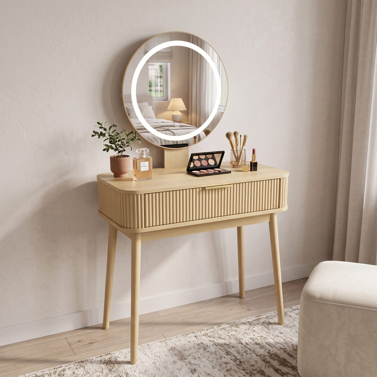 Dressing Table with LED Mirror & Drawers, 80x40x133 cm, Oak