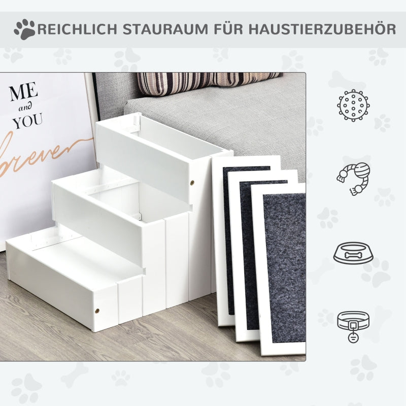 Dog Stairs, 3 Steps Pet Entry Aid with Storage, Fir Wood White
