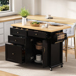 Mobile Kitchen Island, Extendable Table and Multifunctional Drawers, Black