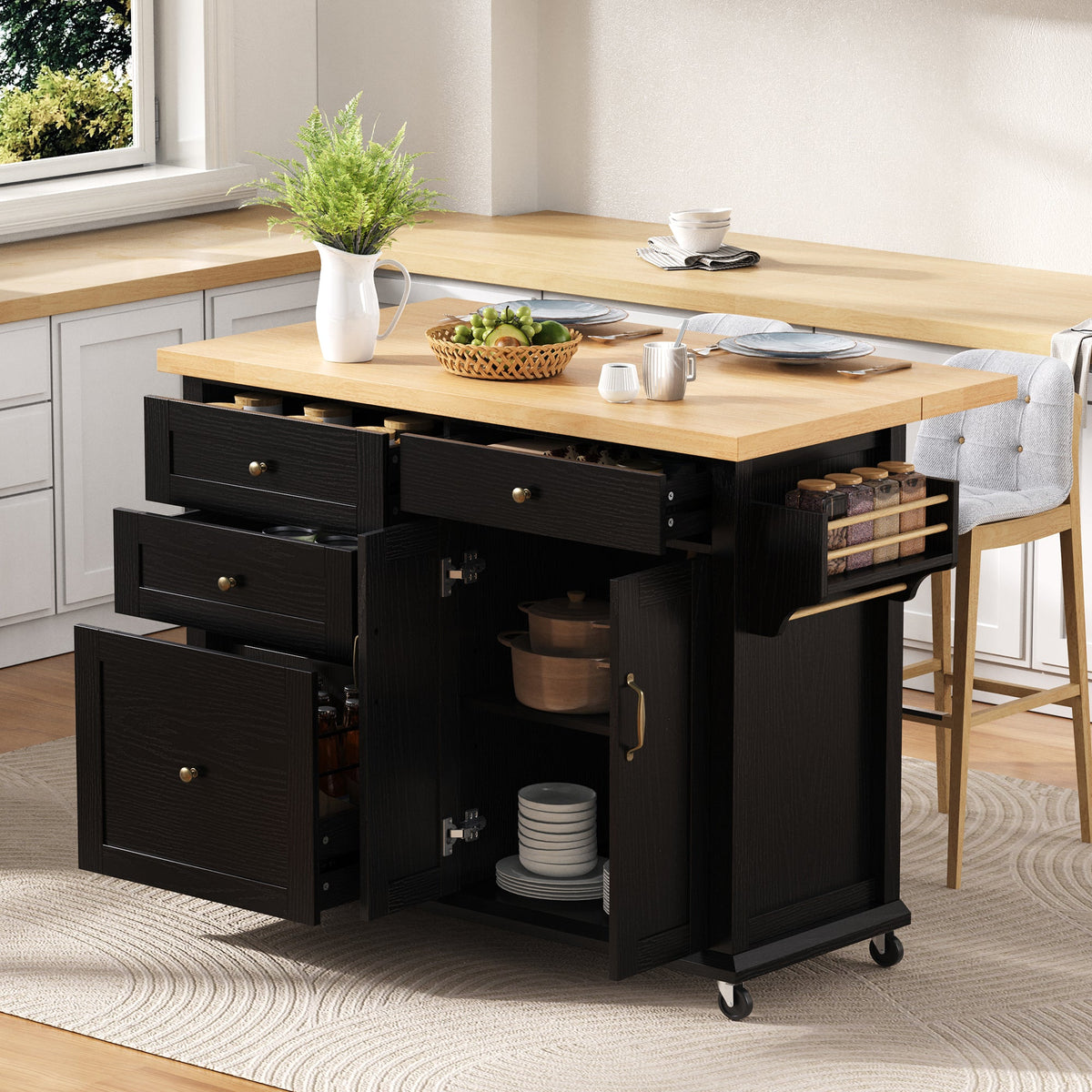 Mobile Kitchen Island, Extendable Table and Multifunctional Drawers, Black