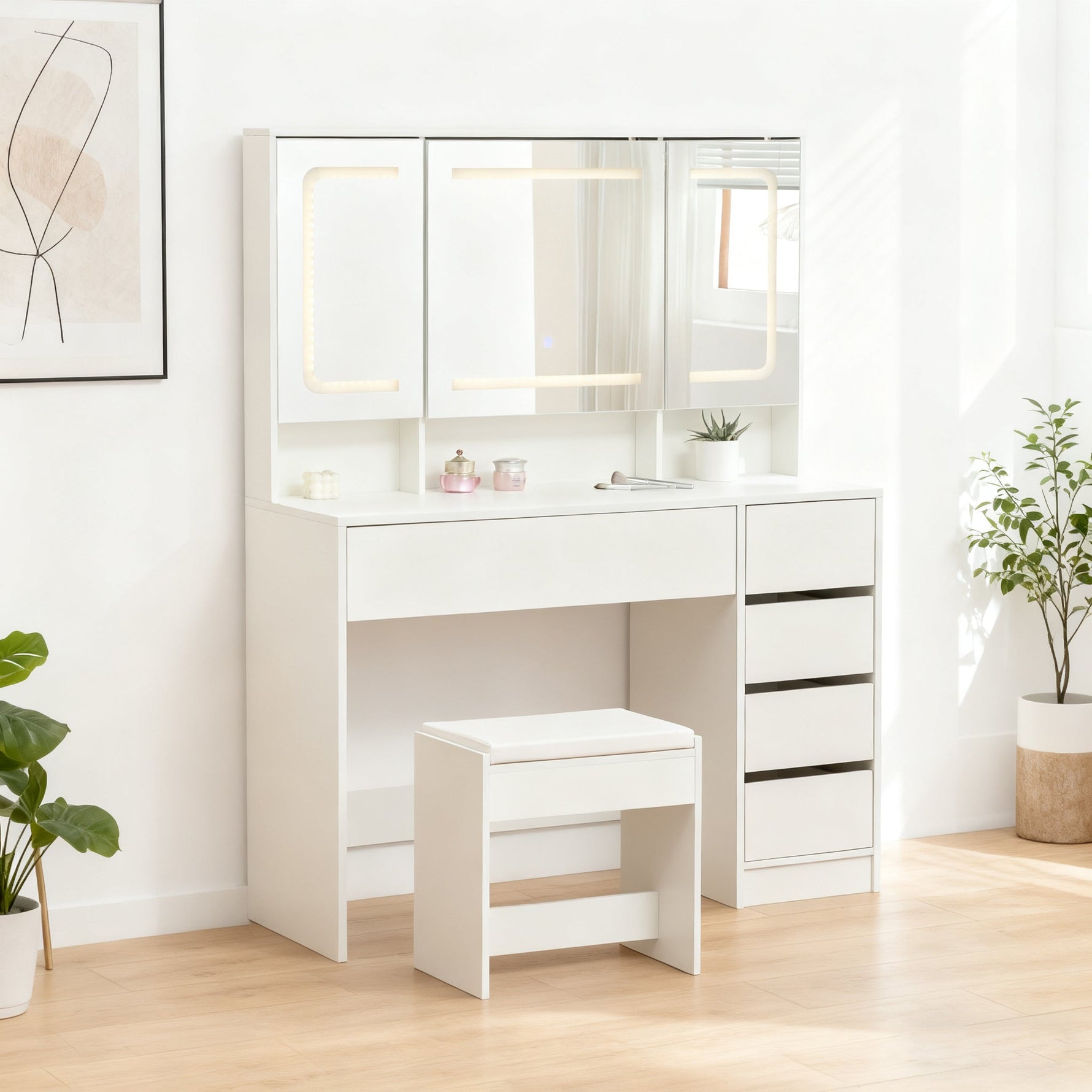 Dressing Table Vanity Set with Stool, Lighting, Mirror, White