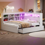 Solid Wood Sofa, 140x200cm Double Bed with Drawers, USB, LED, Shelves, White