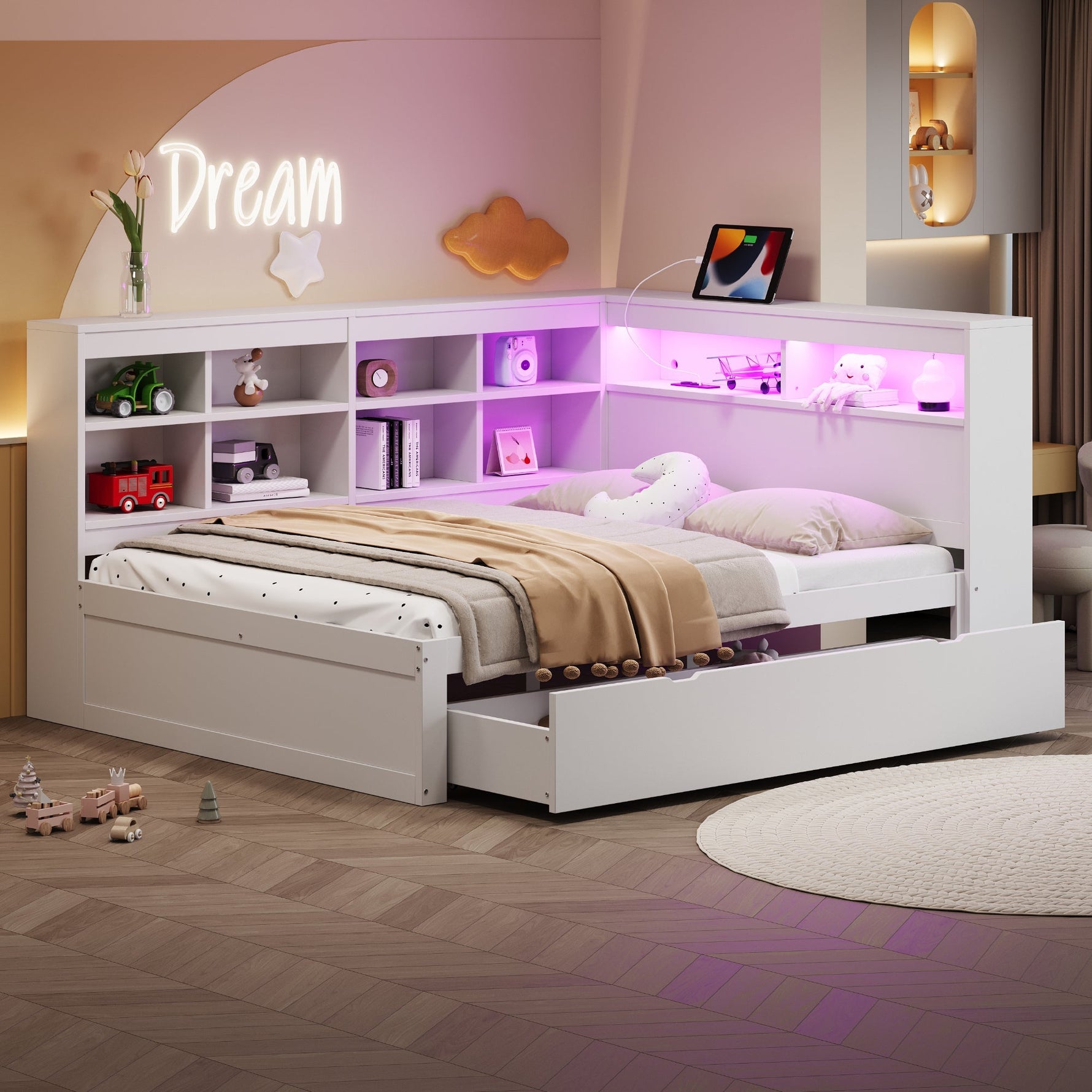 Solid Wood Sofa, 140x200cm Double Bed with Drawers, USB, LED, Shelves, White