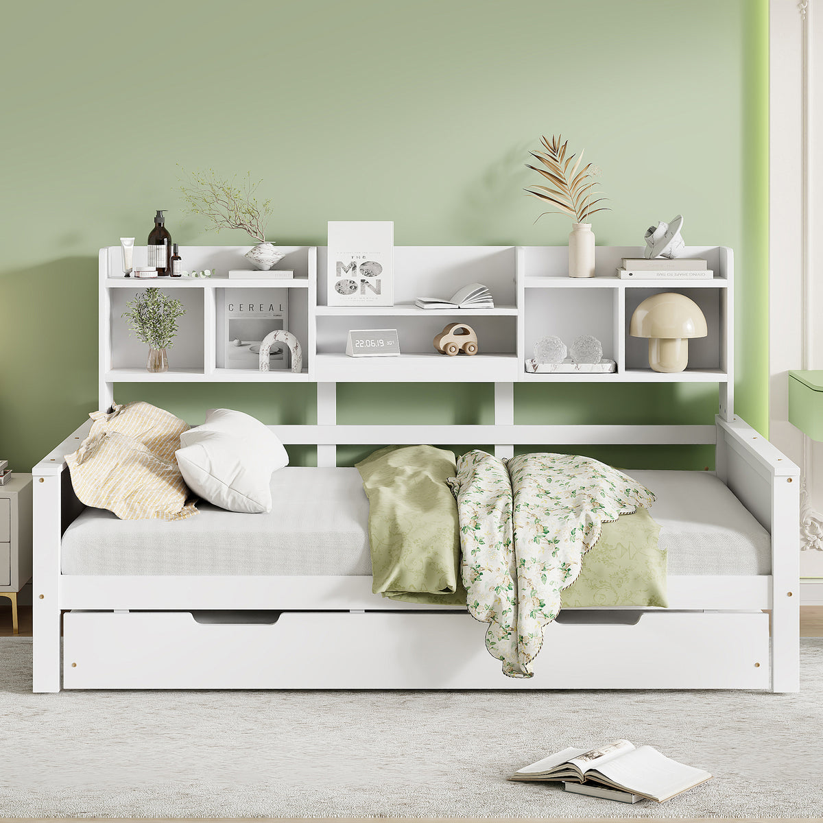 Extendable Sofa Bed 90x200cm with Pull-Out Bed & Storage, White Wood