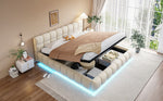 Upholstered Double Bed with Light Strip and Hydraulic Storage, 180x200cm, Beige Velvet Fabric