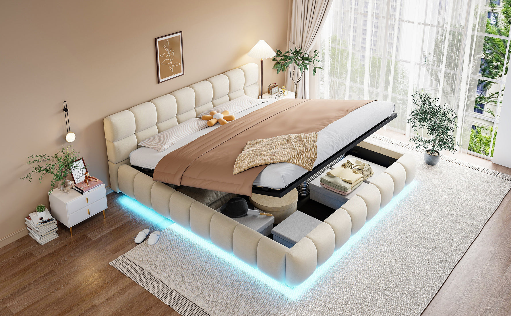 Upholstered Double Bed with Light Strip and Hydraulic Storage, 180x200cm, Beige Velvet Fabric