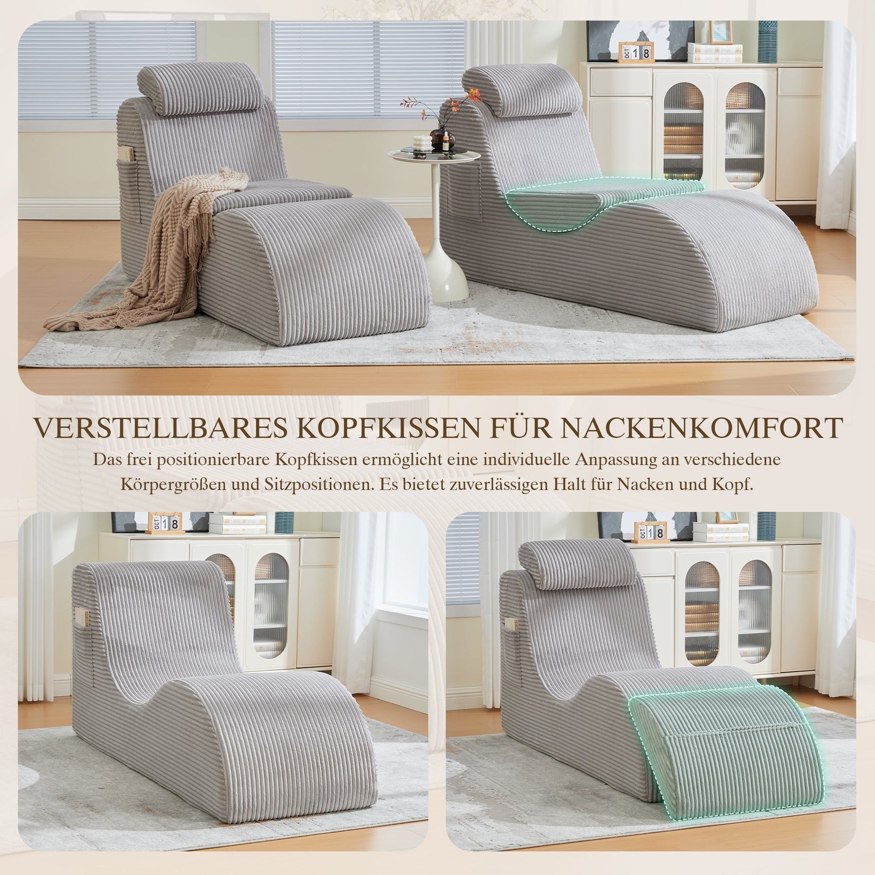 Modern Leisure Chair with Ergonomic Design and Side Pocket, Light Grey