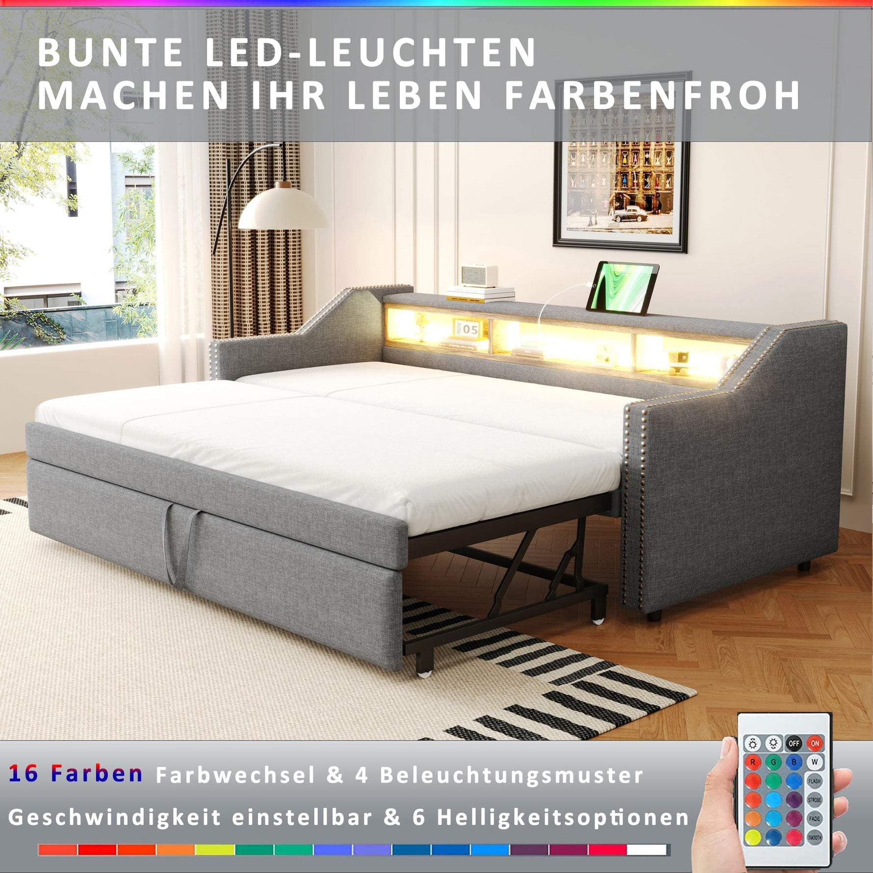 Upholstered Bed Pull-out Sofa Bed 90/180 x 190 cm with Storage, LED, USB, Slatted Frame, Light Grey