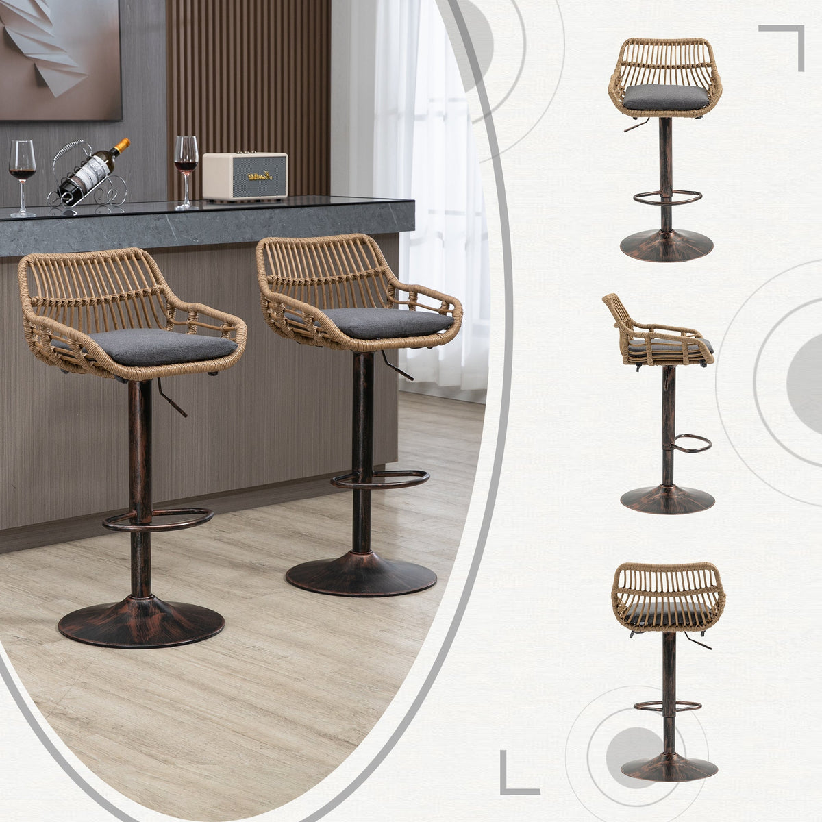 Modern Bar Stool Set of 2, Adjustable, Footrest, Gray