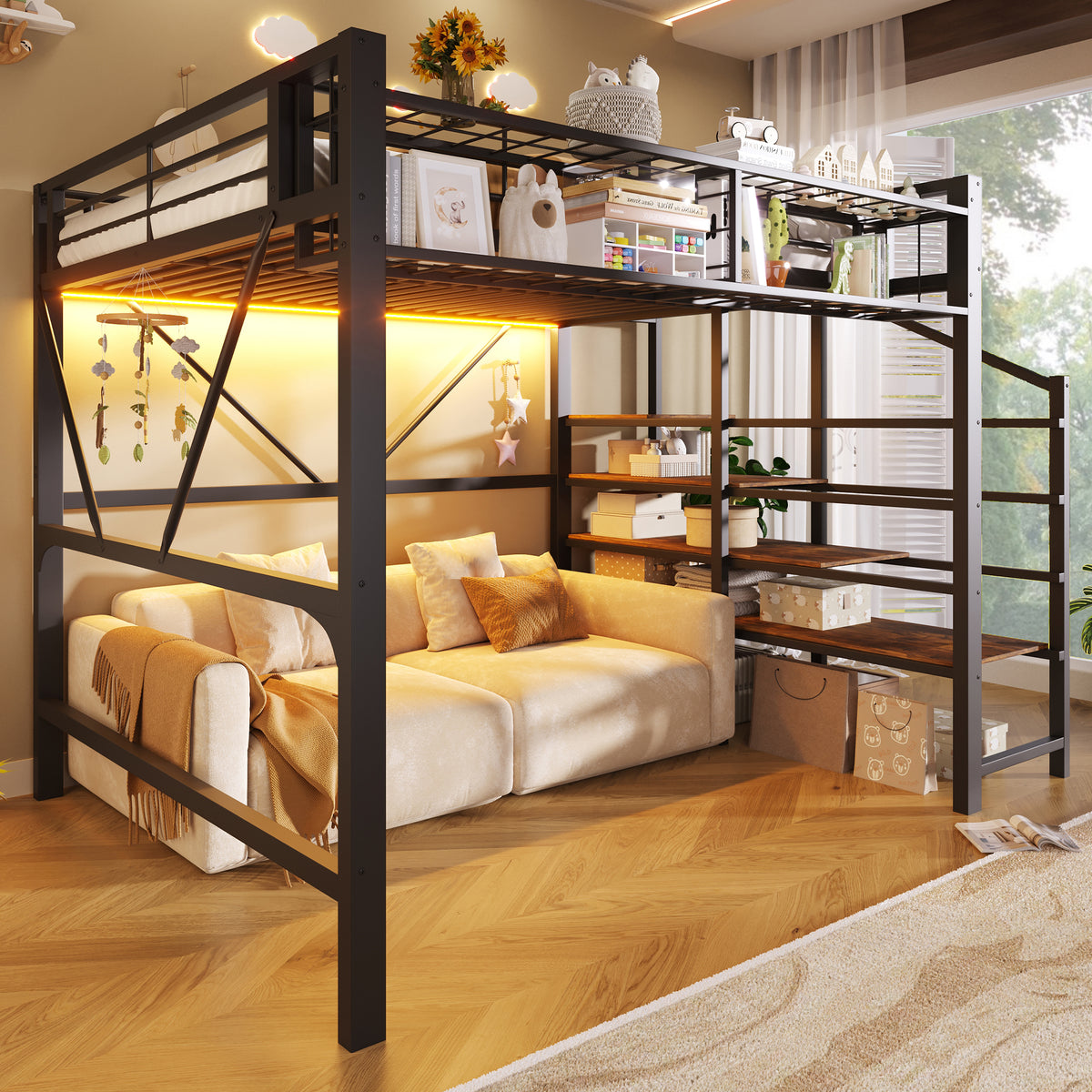 Loft Bed 140x200cm with LED Light Strip, Black Metal