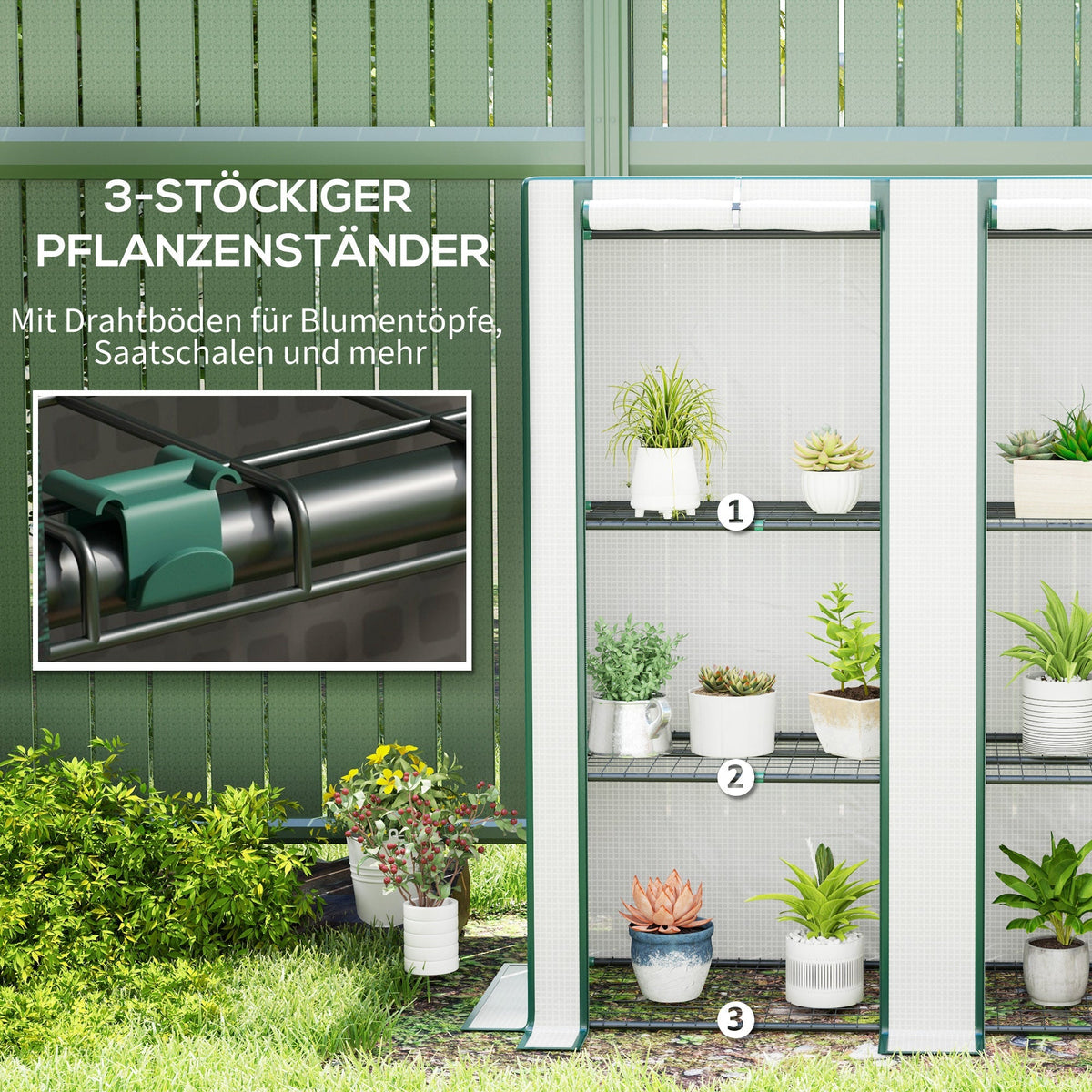 Greenhouse Pent Roof Double Doors Shelves Winterproof 144x48x152cm Foil Steel, White