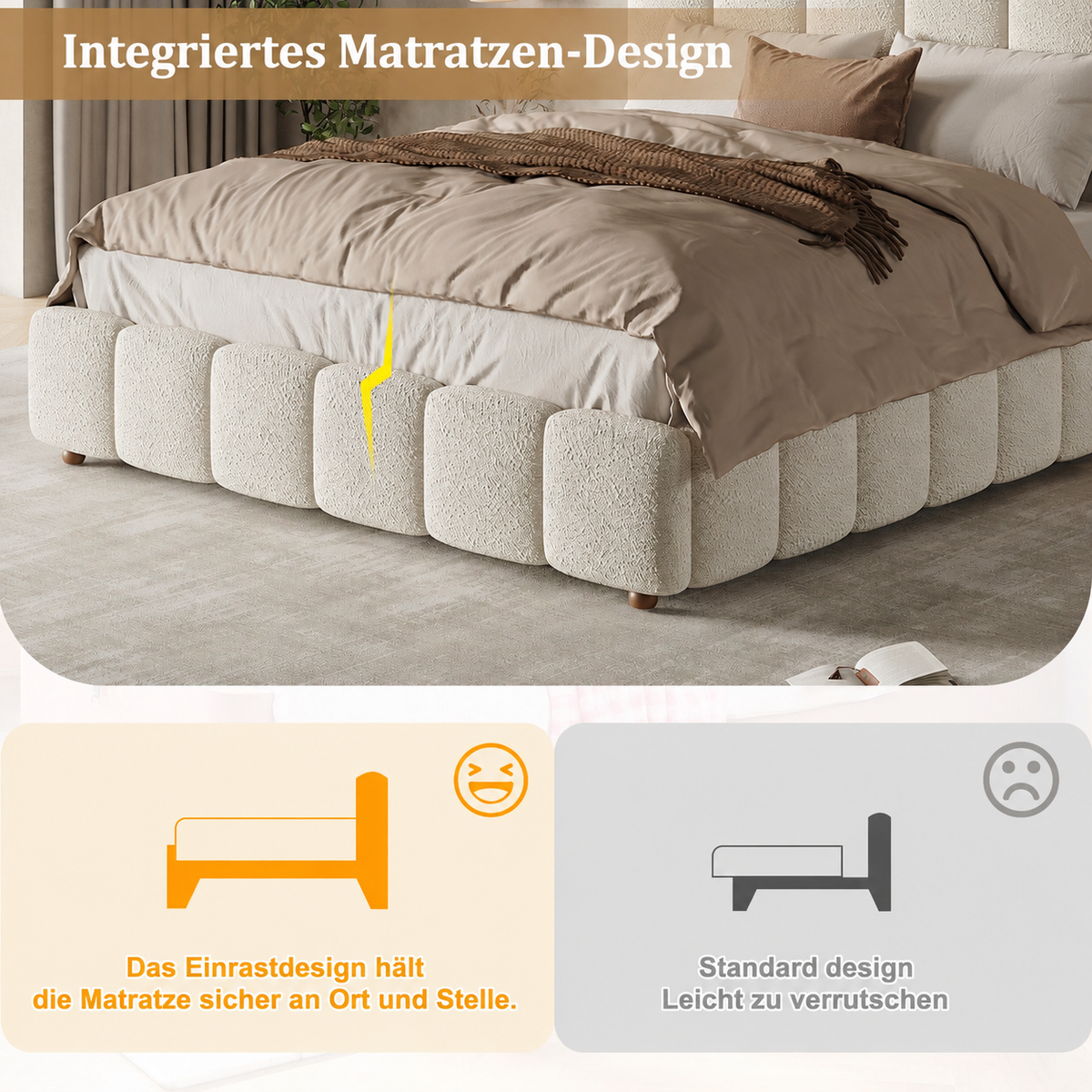 Upholstered Double Bed 140x190cm, Hydraulic Storage, White Bouclé