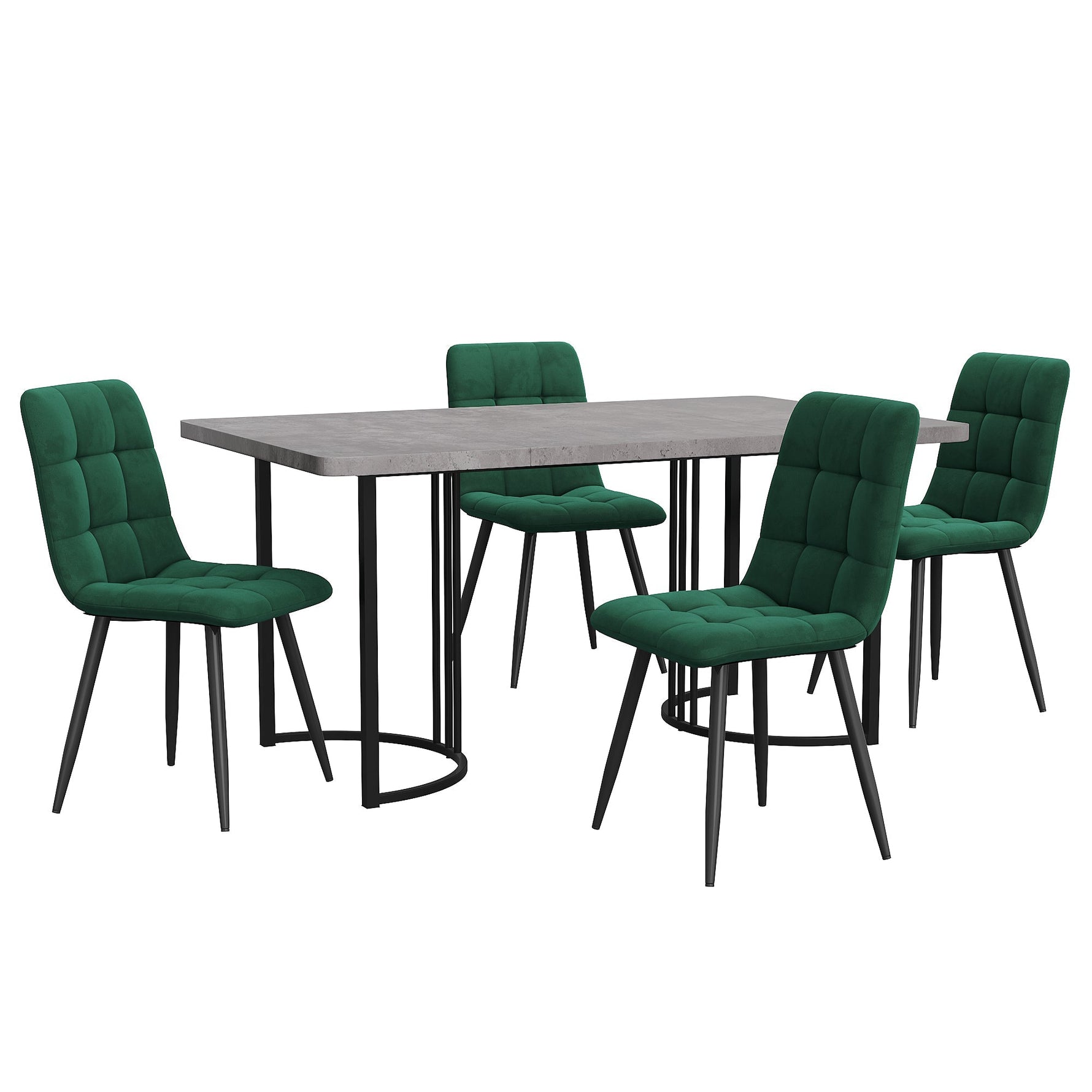 5-Piece Dining Set Modern 140x80cm Table Black Metal Legs - Grey MDF Dark Green Velvet