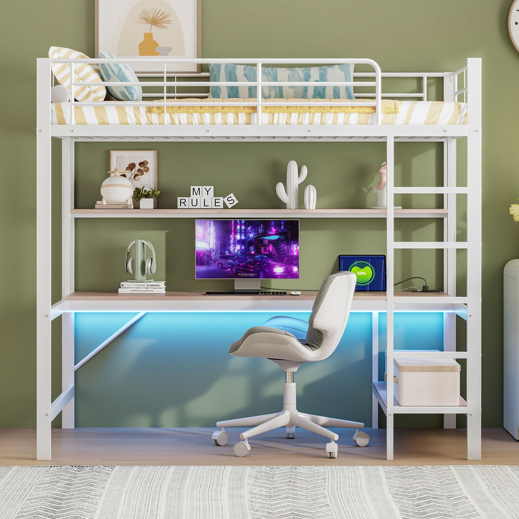 Loft Bed 90x200cm with Desk, Multi-Tiered Shelf, Ladder, USB, and LED Lights, Metal White