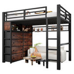 Loft Bed 140x200cm with 8 Drawers & LED Lighting, Black Metal
