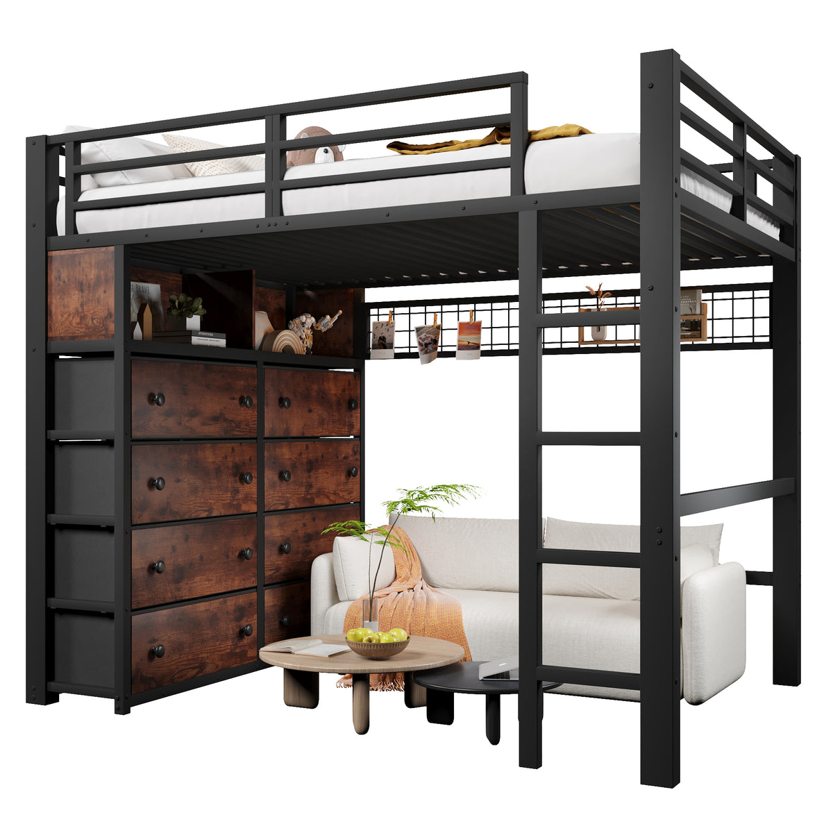 Loft Bed 140x200cm with 8 Drawers & LED Lighting, Black Metal