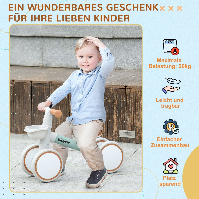 Balance Bike with Adjustable Seat and Whisper Wheels for 1-3 Years, Green and White