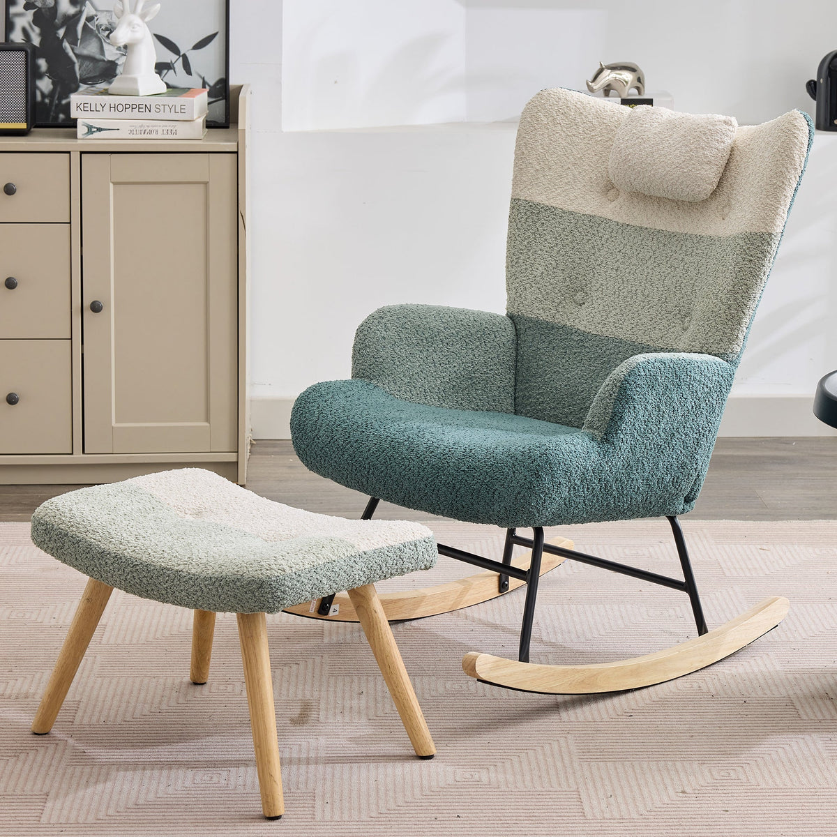 Boucle Rocking Chair Patchwork Stripe Rubberwood Iron Frame with Footstool, Colorful Look