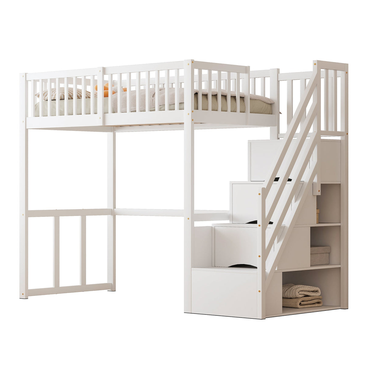 Loft Bed 90x200 Safety Storage Ladder Solid Pine Wood, White