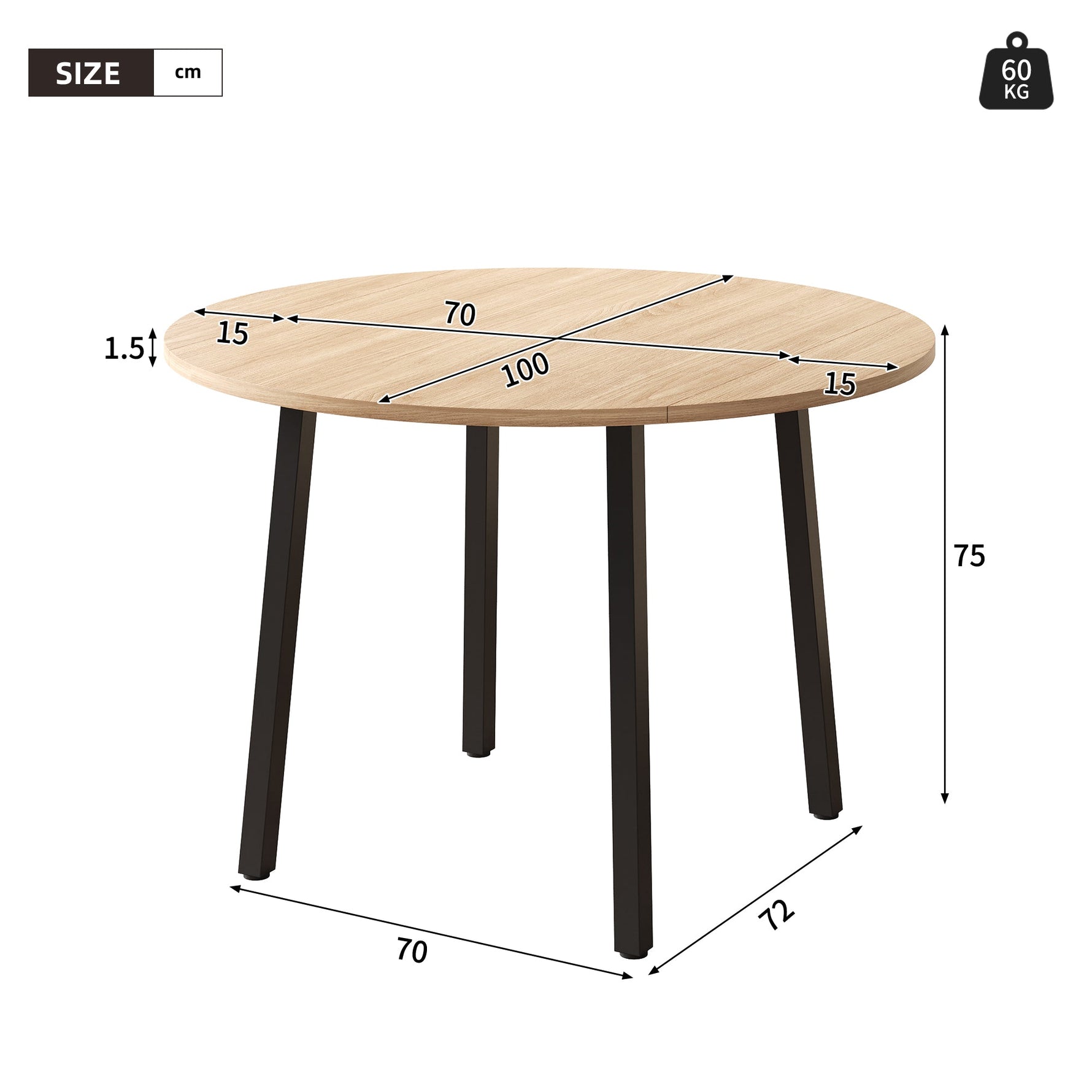 Folding Dining Table, Round 100x100cm, 2-4 Person, Metal Legs, Folding Top, Oak Color